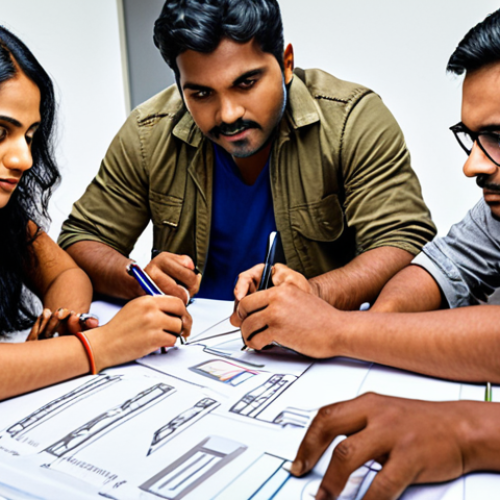 Home 8 **Image of a diverse team collaborating on creating digital educational resources.** This image should show people with different skills (writing, video editing, graphic design) working together. The scene should convey collaboration, creativity, and teamwork, emphasizing the Bengali context.