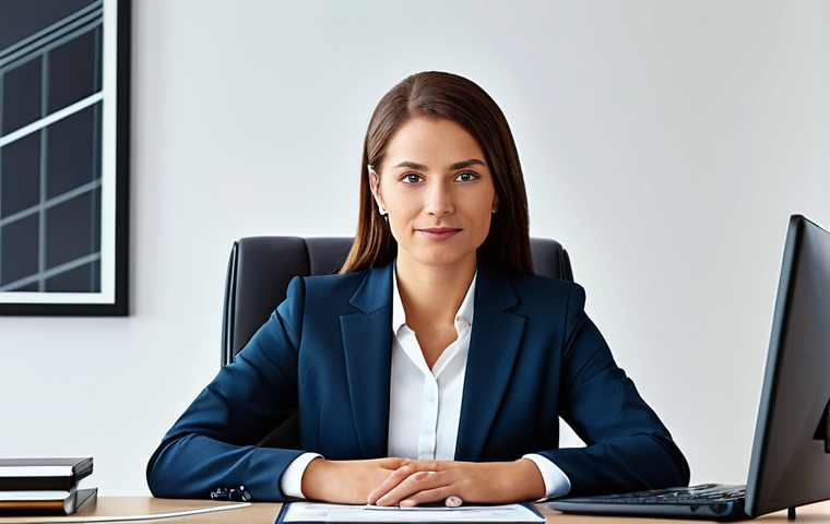 **

A professional businesswoman in a modest business suit, sitting at a desk in a modern office, fully clothed, appropriate attire, safe for work, perfect anatomy, natural proportions, professional photography, high quality.

**