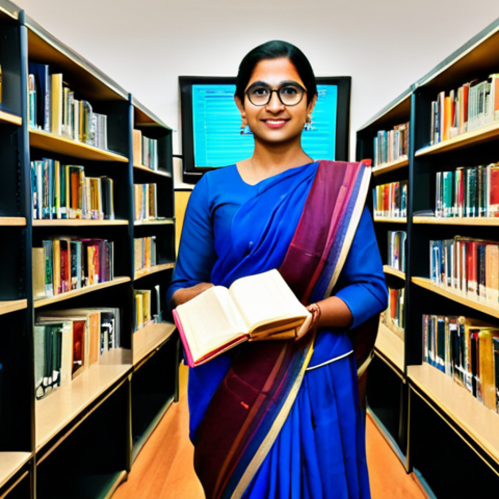 ** A professional teacher in a modest sari, standing in a well-organized digital library with shelves of books and computers, fully clothed, appropriate attire, safe for work, perfect anatomy, natural proportions, educational setting, family-friendly.

**