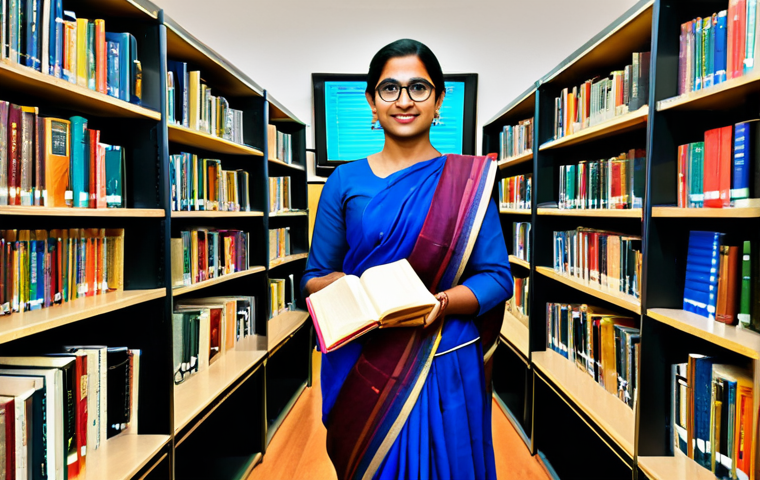 ** A professional teacher in a modest sari, standing in a well-organized digital library with shelves of books and computers, fully clothed, appropriate attire, safe for work, perfect anatomy, natural proportions, educational setting, family-friendly.
**