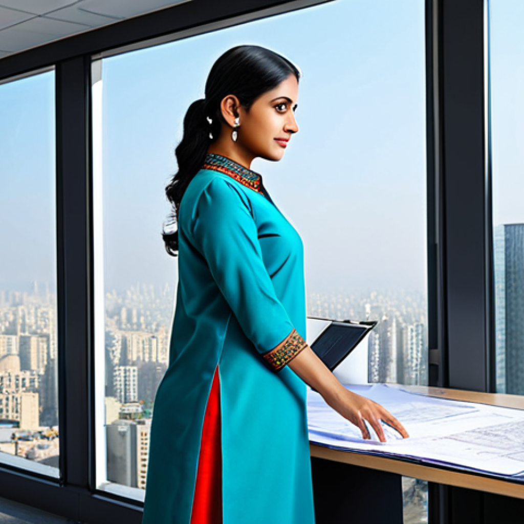 디지털 자산의 공유 모델 탐구 - A professional female architect, fully clothed in a modest, stylish salwar kameez, presenting bluepr...