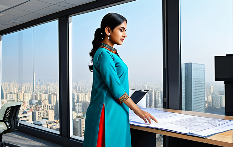 디지털 자산의 공유 모델 탐구 - A professional female architect, fully clothed in a modest, stylish salwar kameez, presenting bluepr...