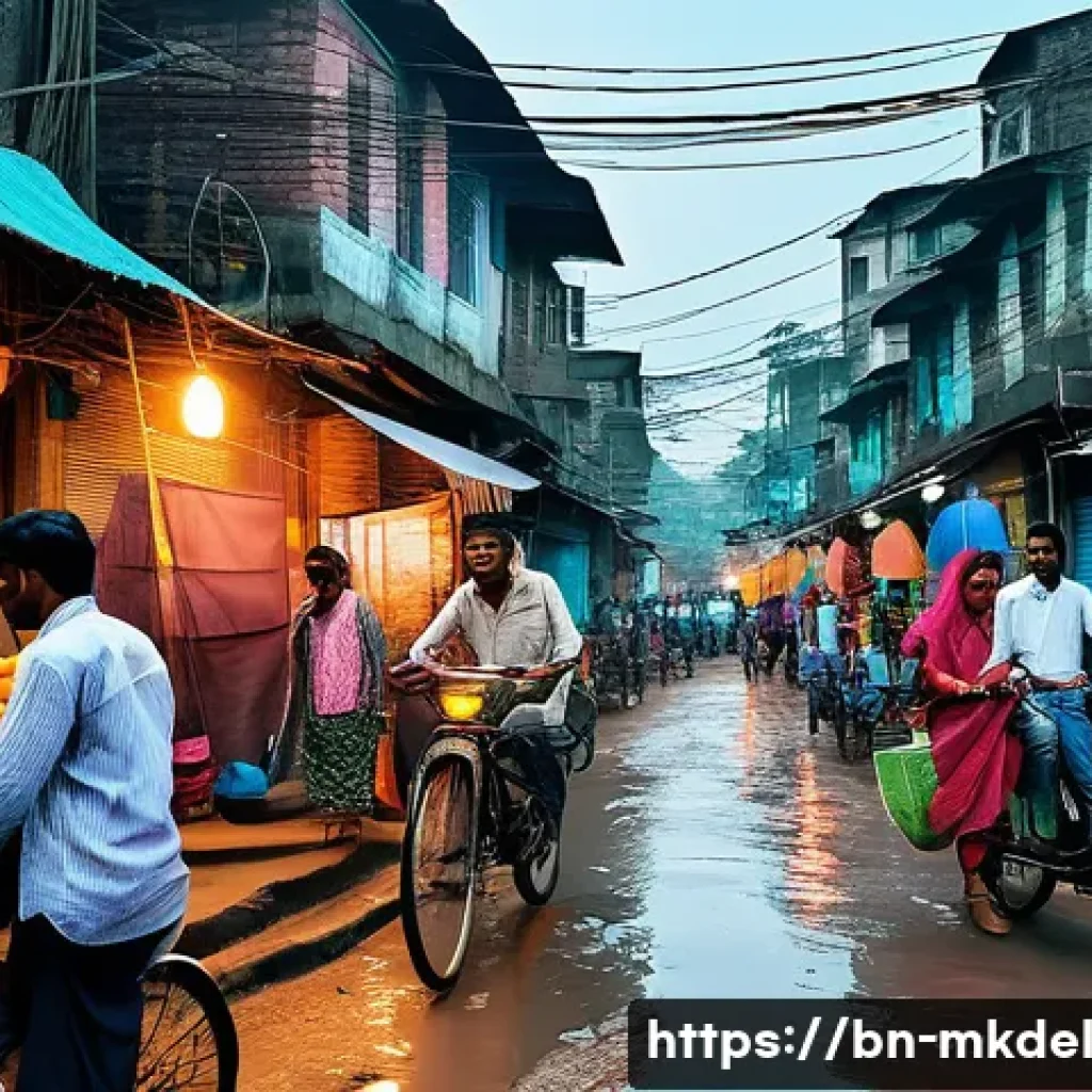 디지털 공유재의 글로벌 사례 분석 - A vibrant digital sharing economy scene set in a busy urban neighborhood in Bangladesh, showcasing d...