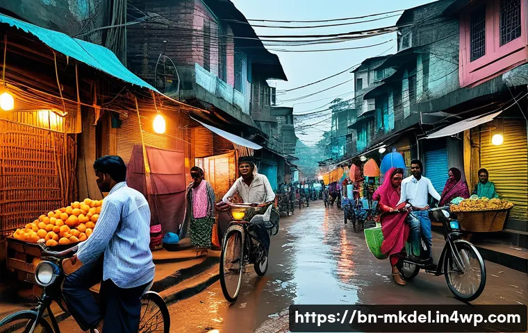 디지털 공유재의 글로벌 사례 분석 - A vibrant digital sharing economy scene set in a busy urban neighborhood in Bangladesh, showcasing d...