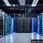 Home 18 디지털 공유재의 변동성과 리스크 관리 - A detailed illustration of a modern cloud data center environment showing multiple applications runn...