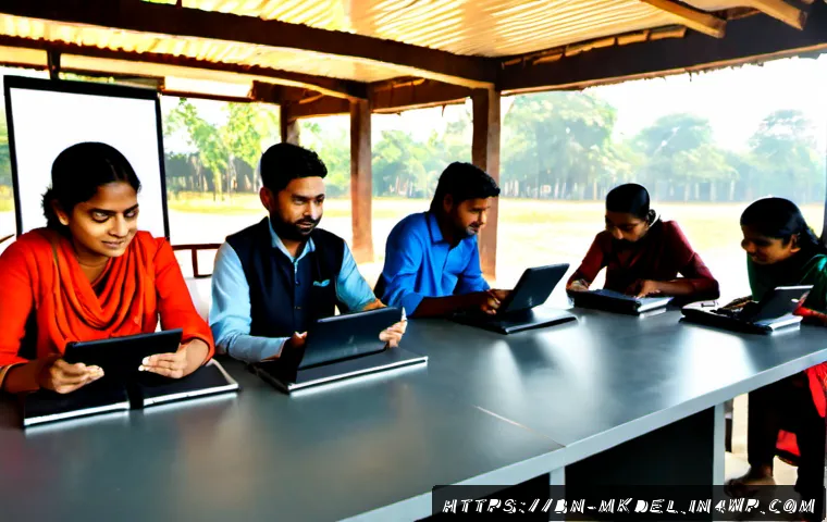 Home 17 디지털 공유재의 혁신적 사례 분석 - Photorealistic community digital commons scene in Bangladesh, diverse adults and students sharing op...